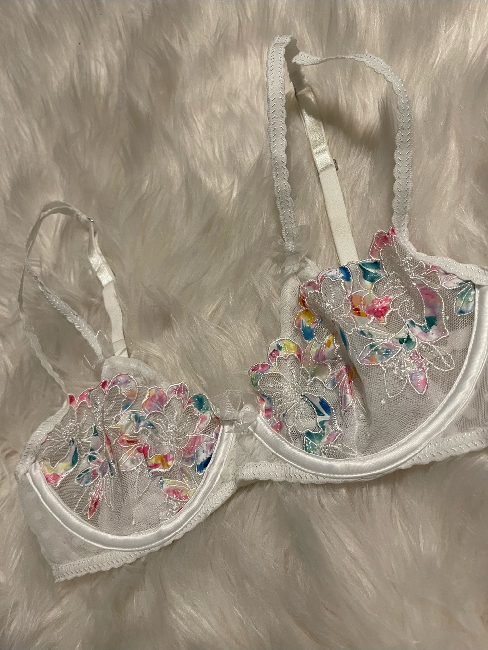 For Love And Lemons White Sheer Bra with Rainbow Floral Embroidery